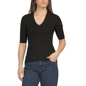 ELIE TAHARI Black Elbow Sleeve V-neck Rib Pull Over